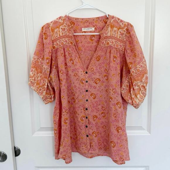 Spell & The Gypsy Sundown Boho Button Front Relaxed Short Sleeve Blouse XL - Picture 2 of 5